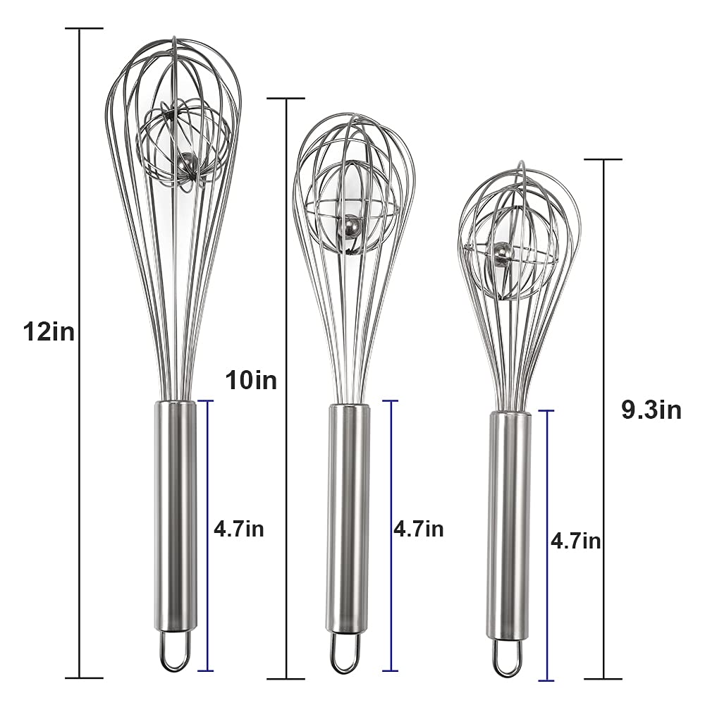3 Pcs 9′′ 10′′ 12′′ Balloon Whisk Double Balloon Wire Whisk Blending Whisking Beating Stirring Egg Beater Stainless Steel — view 2